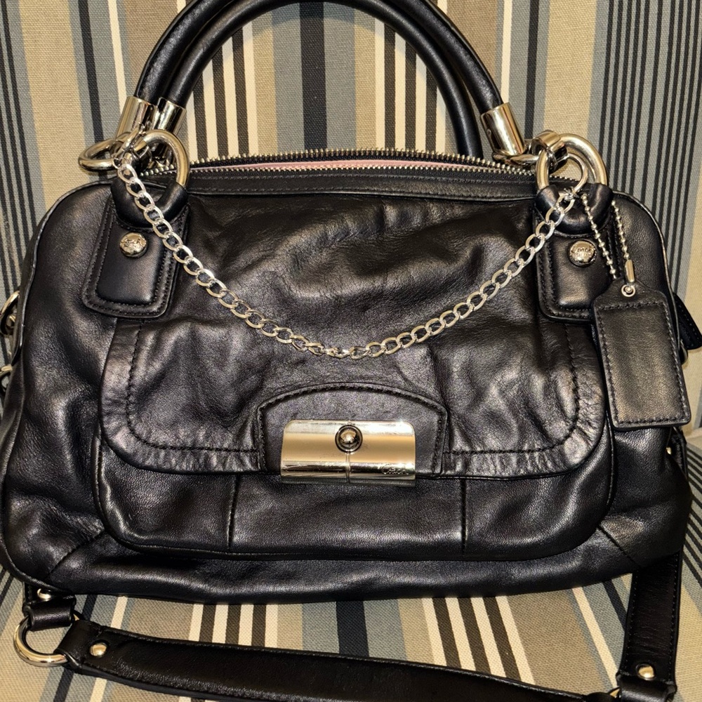 Coach Black Leather Satchel with Silver Accents